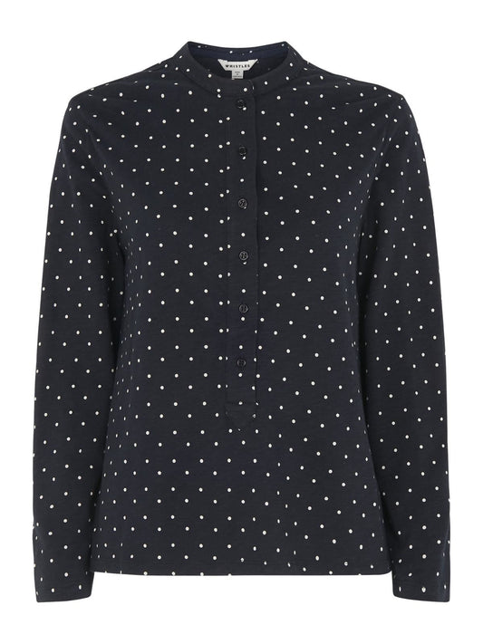 WHISTLES Ladies Spot Slub Cotton Jersey Collarless Shirt Navy Blue M BNWT RRP75