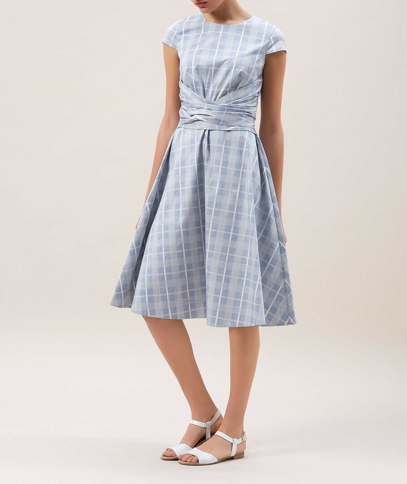 HOBBS Ladies Pale Blue Madison Country Cap Sleeve Check Pattern Dress UK6 BNWT
