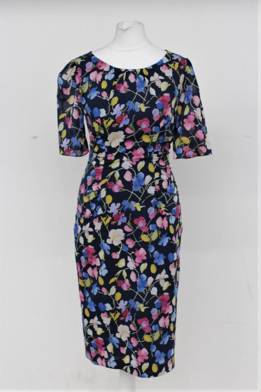 HOBBS Ladies Navy Blue Multi Magnolia Silk Claudia Dress UK8 BNWT RRP 169