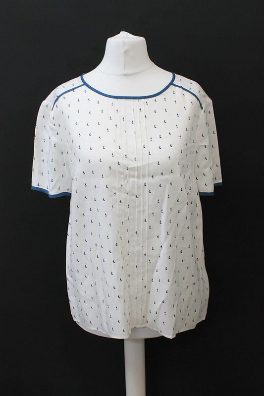 HOBBS Ladies Eden Ivory Multi Boat Print Short Sleeve Blouse UK12 BNWT RRP69
