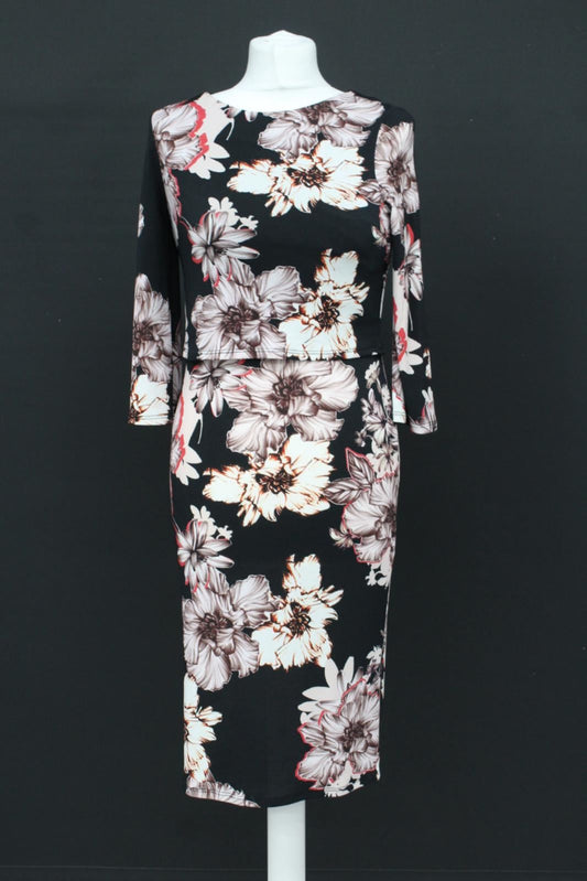 PHASE EIGHT Ladies Black Multi Knee Length Floral Thea Print Dress UK8 BNWT