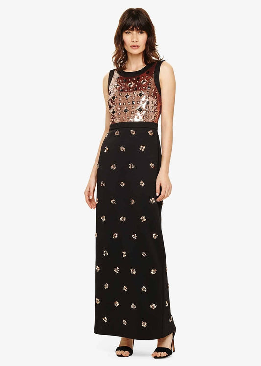 Phase Eight Gabby Embellished Maxi Maxi Dress Black/Rose Gold Size UK6 RRP325