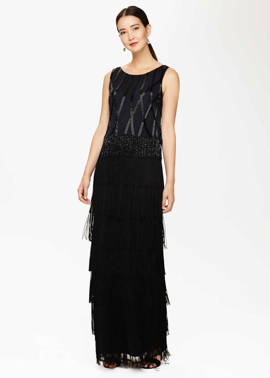 Phase Eight Viola Fringe Maxi Maxi Dress Black/Navy Size UK8 RRP295