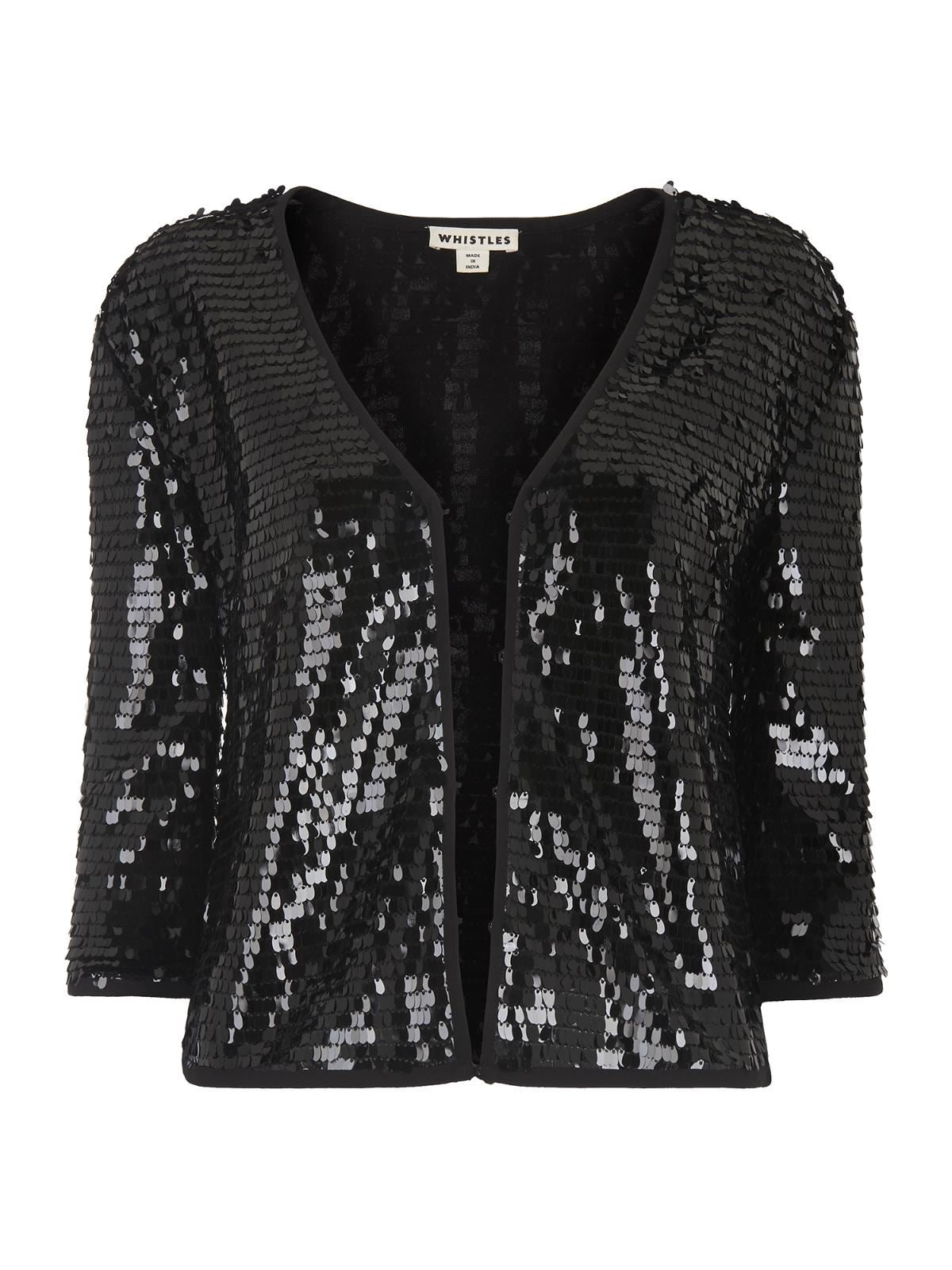 WHISTLES Ladies Black Sequin 3/4 Sleeve Hip Length Jacket XS RRP139 BNWT