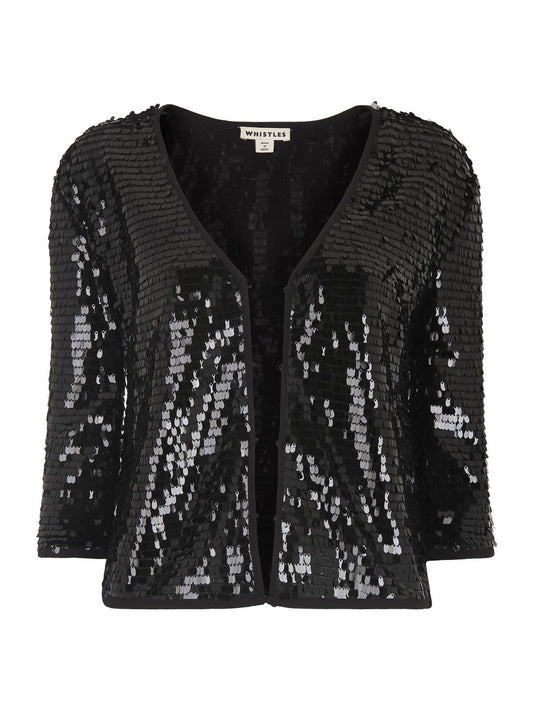 WHISTLES Ladies Black Sequin 3/4 Sleeve Hip Length Jacket XS RRP139 BNWT