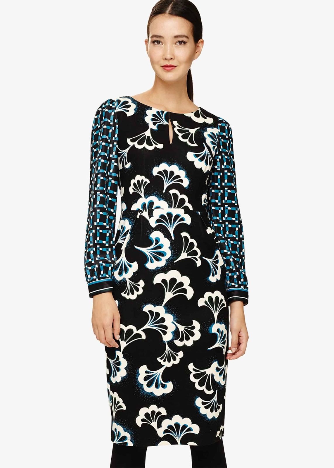 Phase Eight Mireya Fan Print Midi Sheath Dress Black/Multi Size UK8 RRP99
