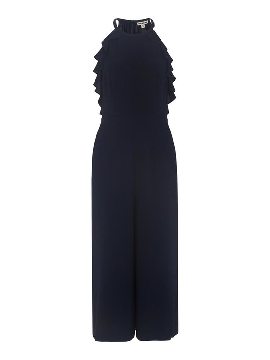 WHISTLES Ladies Navy Blue Sonia Frill Straight Leg Jumpsuit UK16 RRP179 BWNT