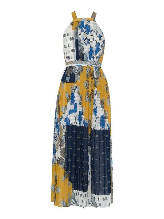 WHISTLES Patchwork Scarf Print Pleated Midi Dress Blue Multi UK4 RRP199 BNWT