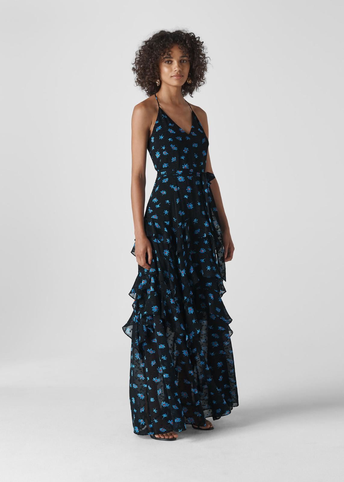 WHISTLES Milla Daisy Maxi Ruffle Dress Sleeveless Black/Multi UK4 RRP299 BNWT