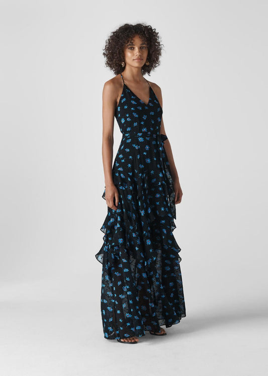 WHISTLES Milla Daisy Maxi Ruffle Dress Sleeveless Black/Multi UK4 RRP299 BNWT