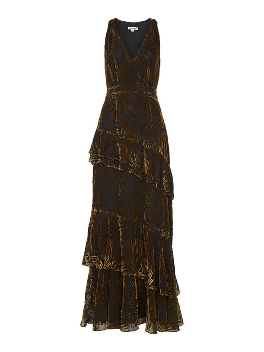 WHISTLES Edith Reed Print Maxi Dress Gold Sleeveless Tiered UK4 RRP319 BNWT