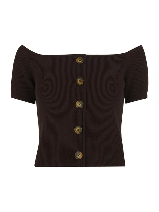 WHISTLES Ladies Button Front Rib Off The Shoulder Knit Top Brown M BNWT RRP89