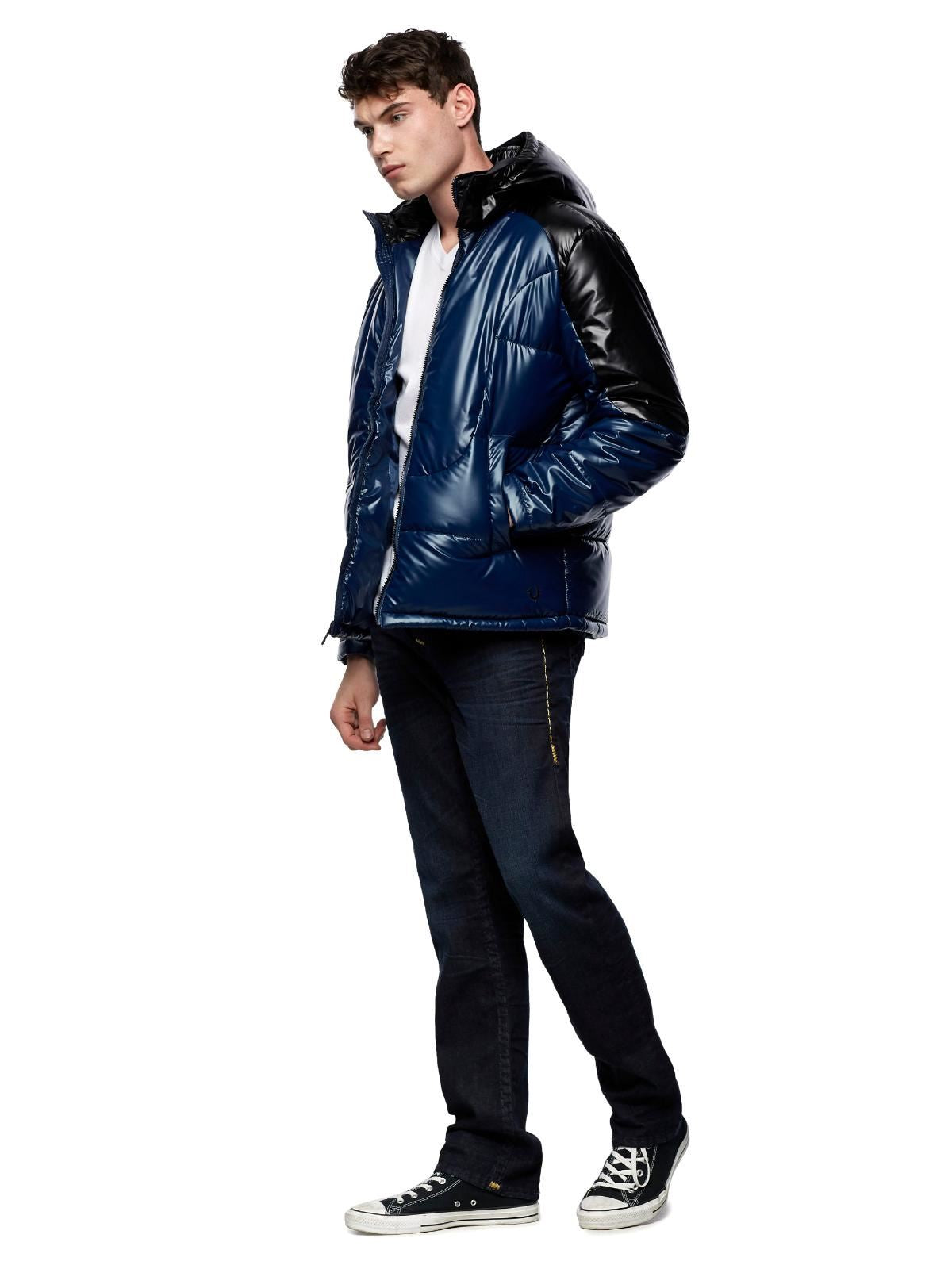 TRUE RELIGION Men's Hooded Shiny Puffer Jacket Ace Blue/Black L BNWT RRP339