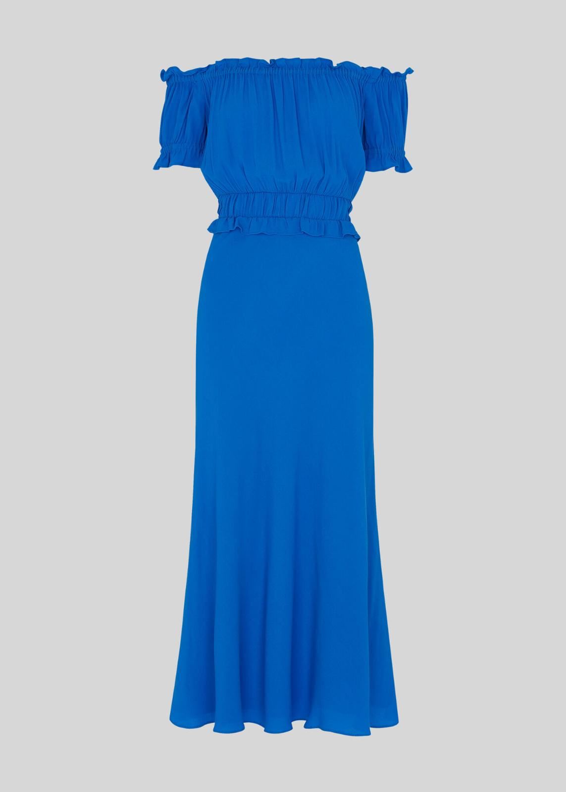 WHISTLES Floren Shirred Bardot Peplum Dress Cobalt Blue UK6 RRP179 BNWT