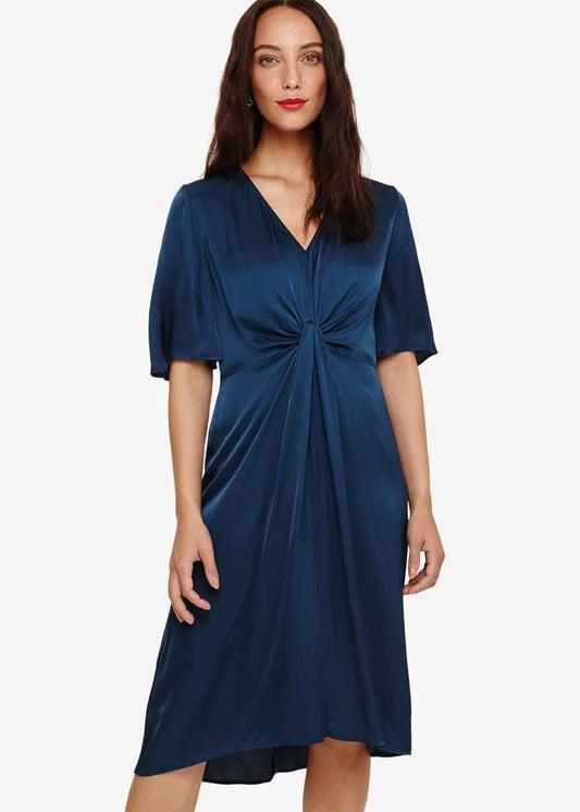 Phase Eight Rosina Fluted Knot Midi Shift Dress Petrol V-Neck Size UK10 RRP89