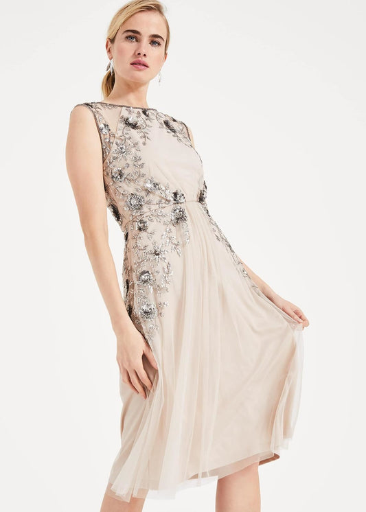 Phase Eight Toria Tulle Fit Flare Dress Stone/Silver Size UK12 RRP275