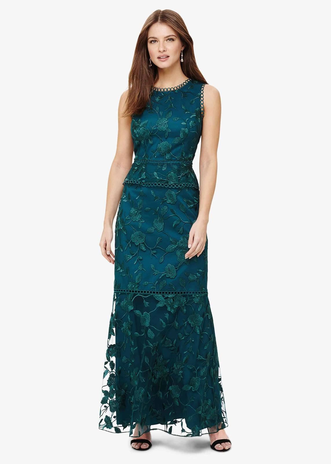 Phase Eight Rosetta Embroidered Maxi Sleeveless Dress Teal Size UK8 RRP325