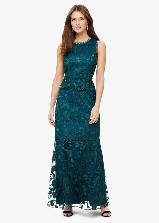 Phase Eight Rosetta Embroidered Maxi Sleeveless Dress Teal Size UK8 RRP325