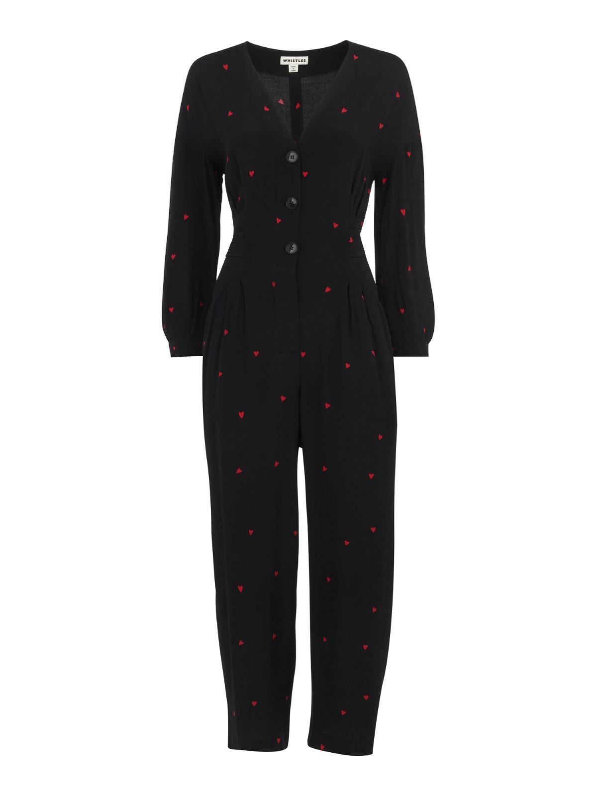 WHISTLES Ladies Black Heart Print 3/4 Sleeve Tie Jumpsuit UK6 BNWT RRP179