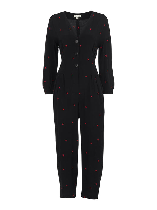 WHISTLES Ladies Black Heart Print 3/4 Sleeve Tie Jumpsuit UK6 BNWT RRP179