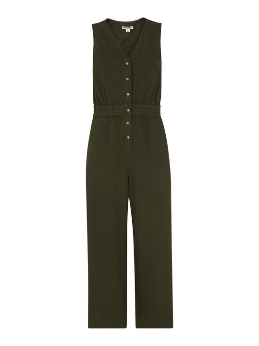 WHISTLES Ladies Ria Khaki Green Denim Button Up Jumpsuit Size UK16 RRP139 BNWT