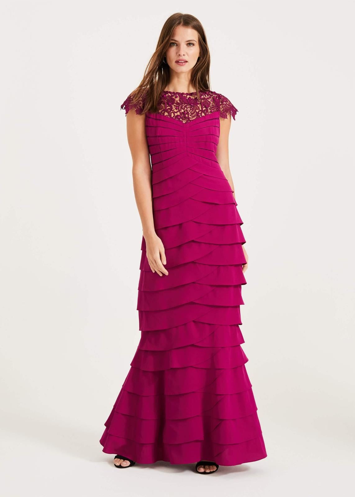 Phase Eight Alix Layered Fishtail Maxi Dress Magenta Size UK6 RRP325