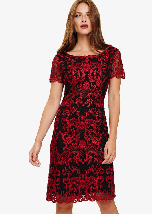 Phase Eight Tatiana Embroidered A-Line Dress Black/Scarlet Size UK10 RRP135