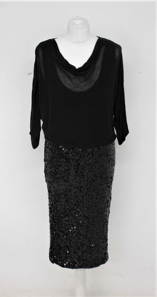 PHASE EIGHT Ladies Black 3/4 Sleeve Calf Length Sequin Adele Dress UK14 NEW