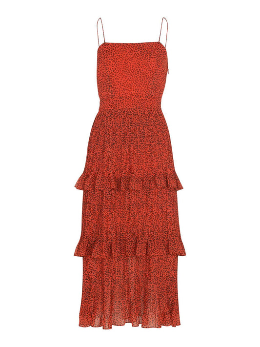 WHISTLES Mini Leopard Pleated Dress Flame Red / Multi UK16 RRP 179.00 BNWT