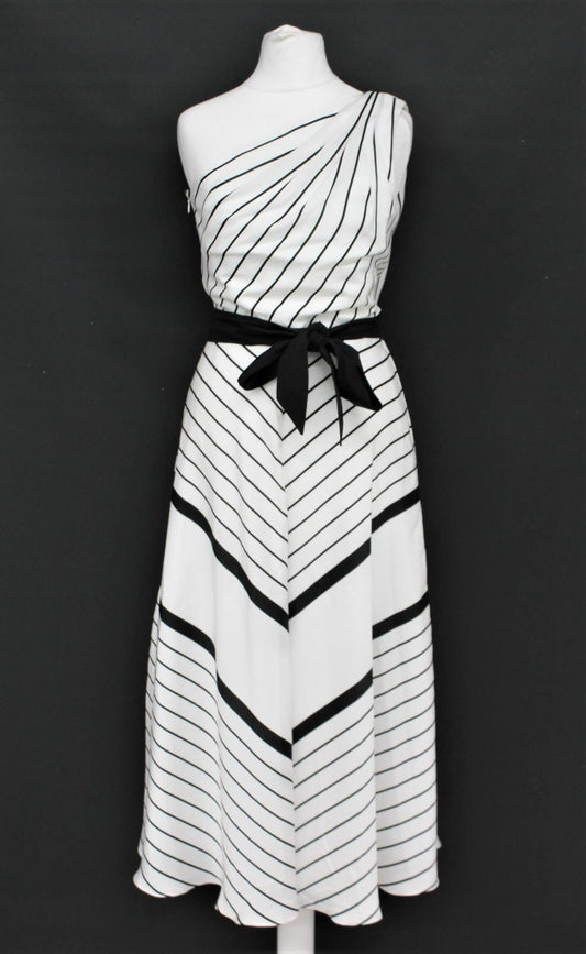 HOBBS Ladies Paulina Ivory Black One Shoulder Flared Midi Dress UK6 NEW RRP159
