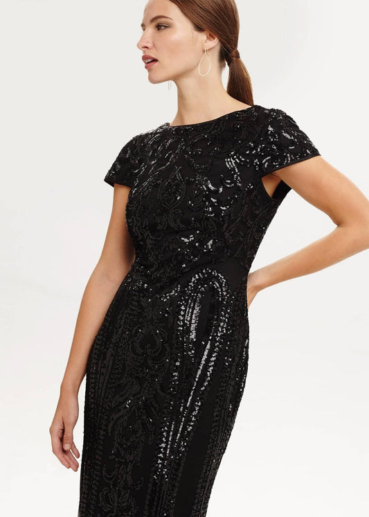 Phase Eight Malory Sequined Midi Shift Dress Black Crew Neck Size UK6 RRP275