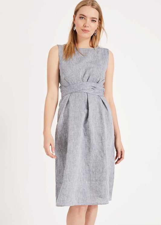 Phase Eight Cross Hatch Linen Sheath Dress Chambray Size UK18 RRP89