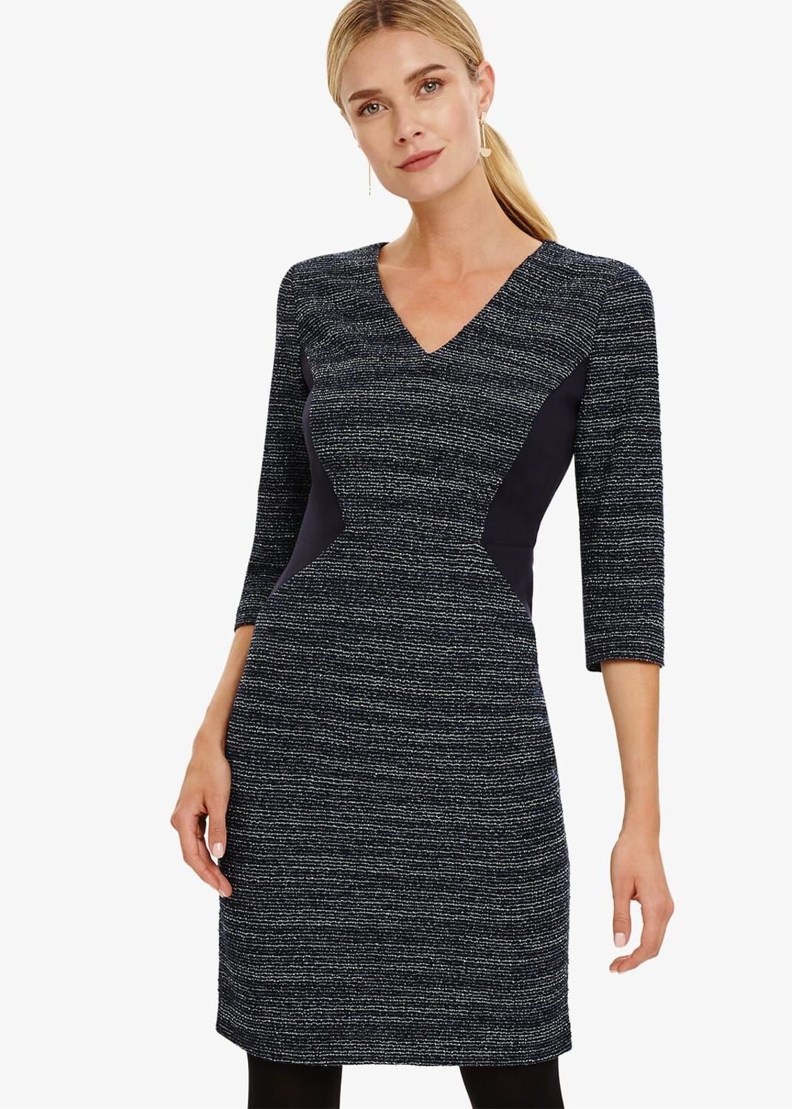 Phase Eight Marisa Metallic 3/4 Sleeve Pencil Dress Navy Size UK18 RRP89