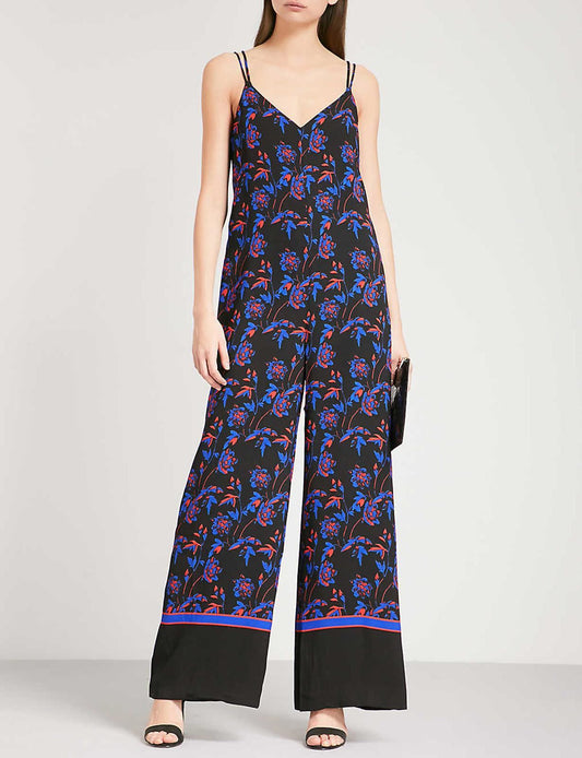 WHISTLES Ladies Black Multi S: Hana Floral Print Strappy Jumpsuit UK16 RRP299