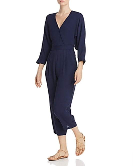 WHISTLES Ladies Crepe Cropped Wrap Jumpsuit 3/4 Sleeve Navy UK12 BNWT RRP179