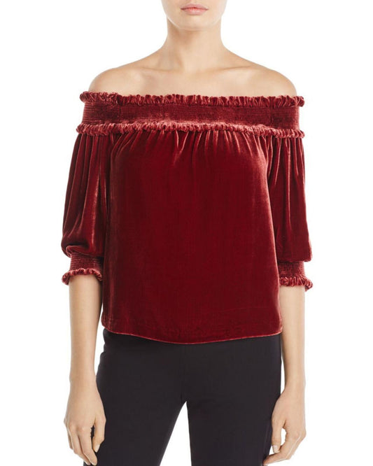 WHISTLES Burgundy Velvet Off Shoulder Ruffled Bardot Top UK4 RRP149 BNWT