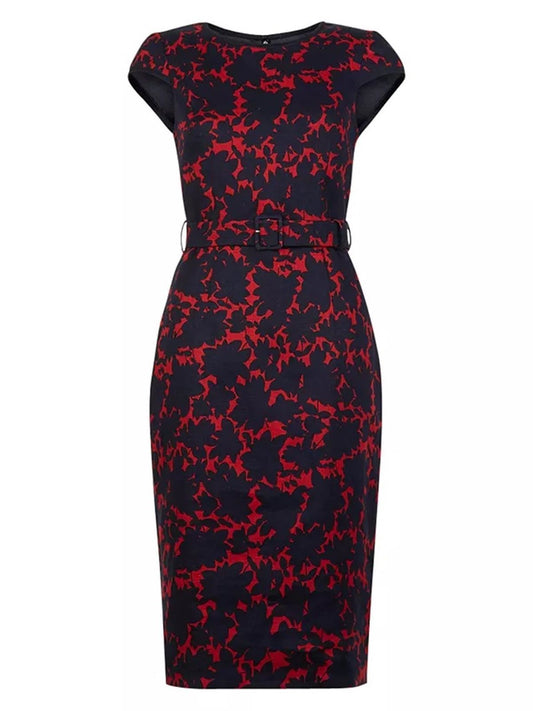 HOBBS Ladies Peony Red Navy Linen Cap Sleeve Floral Shift Jessie Dress UK6 BNWT