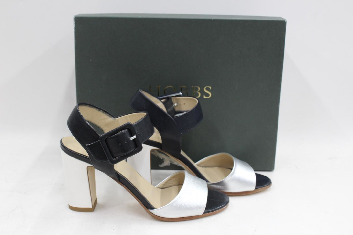 HOBBS Ladies Navy Blue Silver Ankle Strap Rhian Block Heel Sandals UK3 BNIB
