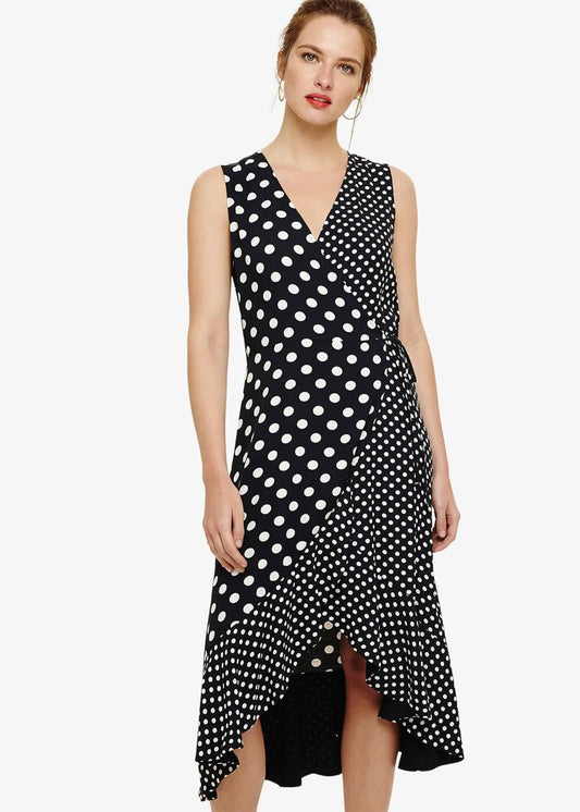 Phase Eight Bea Spot Wrap Sleeveless Dress Navy/Ivory V-Neck Size UK8 RRP99