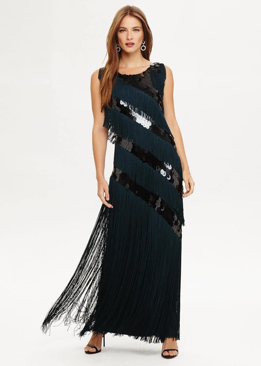 Phase Eight Annabeth Fringe Maxi Maxi Dress Petrol Size UK10 RRP179