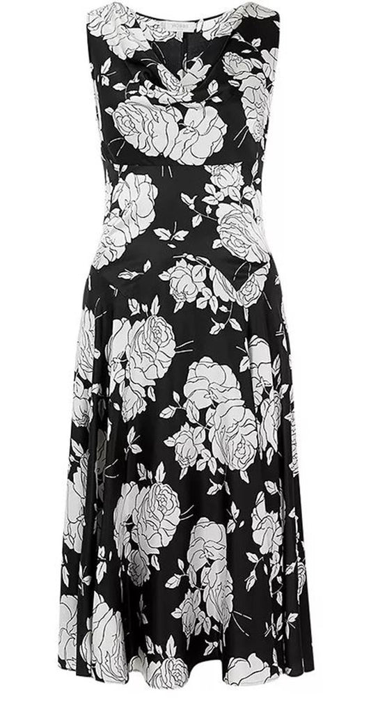 HOBBS Ladies Black Ivory Floral Print Cowl Neckline Sora Satin Dress UK8 BNWT