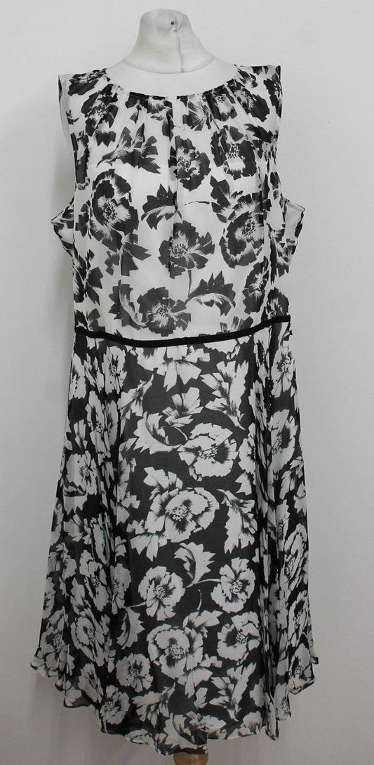 HOBBS Ladies Ivory Black Silk Floral Flare Aberline Dress UK16 BNWT RRP179