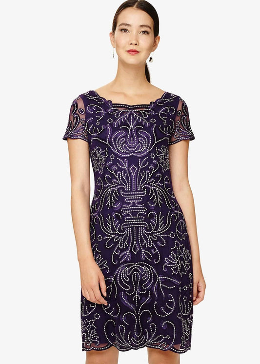 Phase Eight Talia Embroidered Short Sleeve Shift Dress Grape Size UK6 RRP135