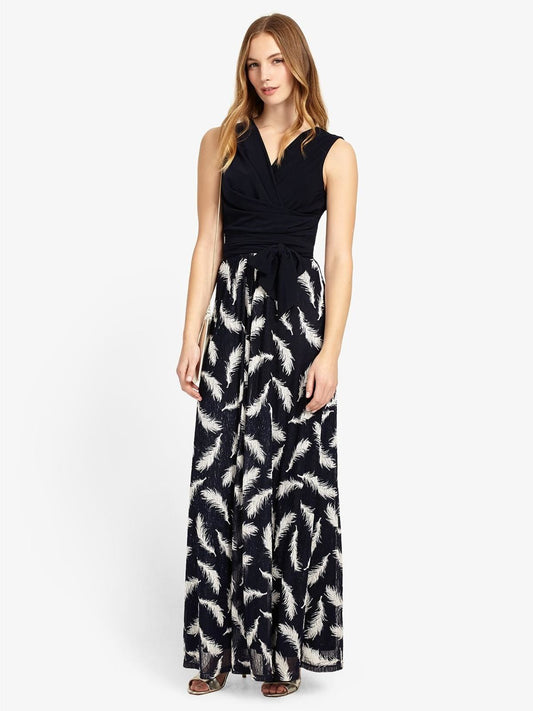 PHASE EIGHT Ladies Navy Blue V-Neck Feather Lace Domenika Maxi Dress UK10 BNWT