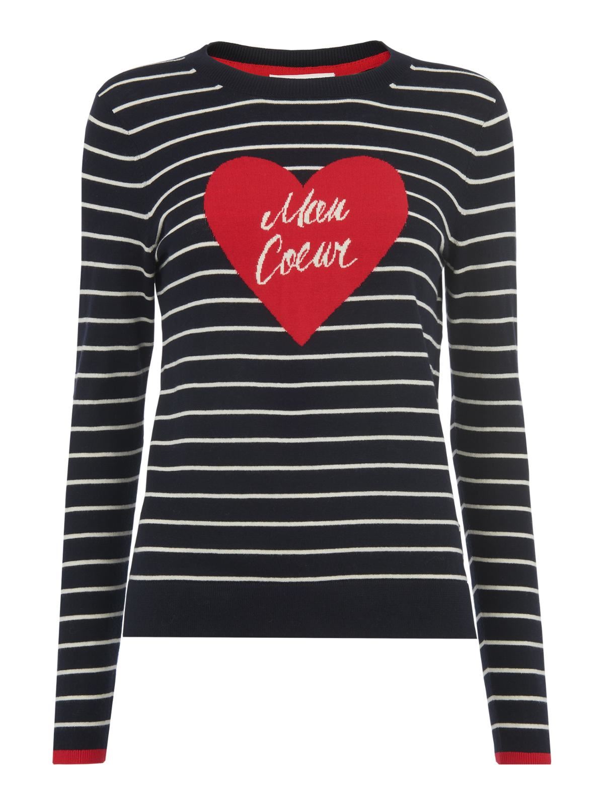 WHISTLES Ladies Black Cotton Striped Mon Coeur Motif Heart Jumper UK6 BNWT RRP99