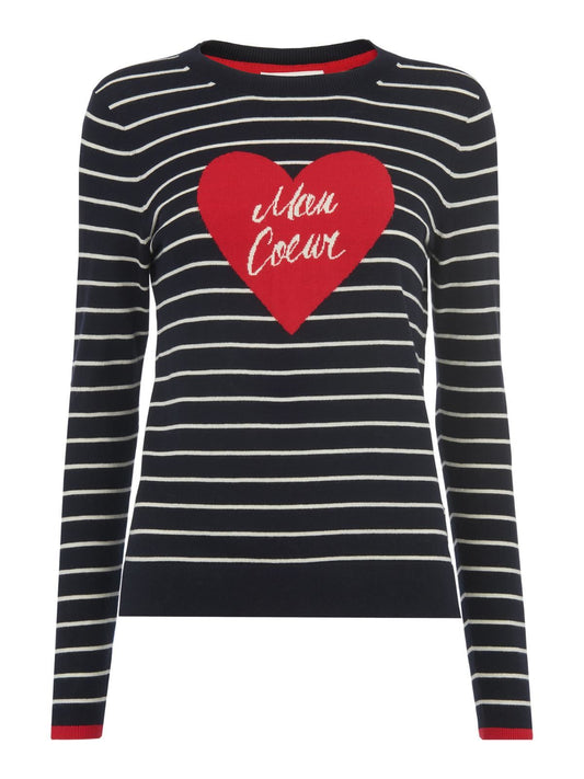 WHISTLES Ladies Black Cotton Striped Mon Coeur Motif Heart Jumper UK6 BNWT RRP99