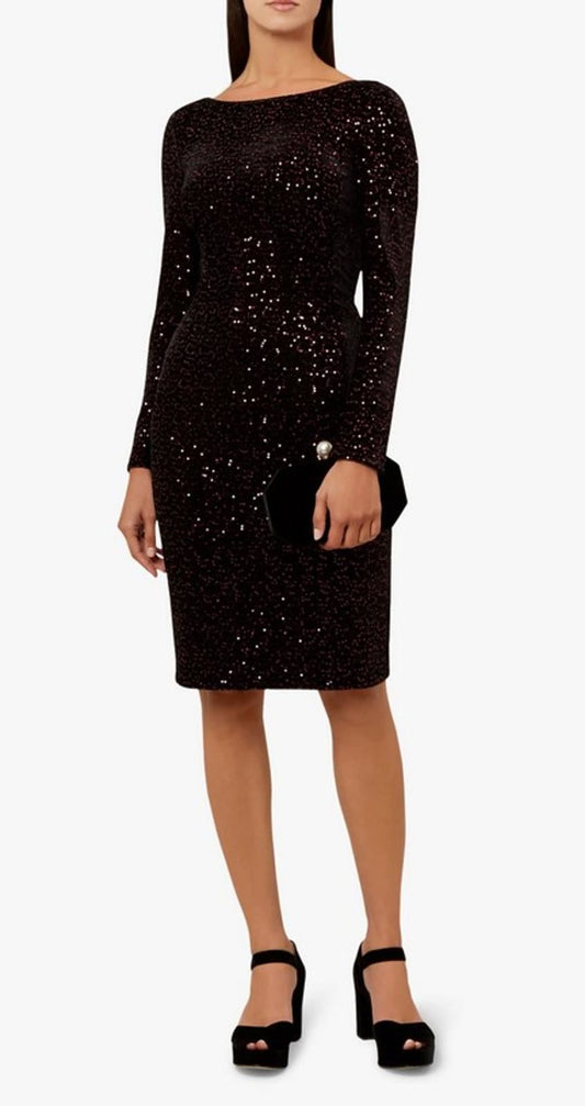 HOBBS Ladies Plum Black Sequin Long Sleeve Sawyer Dress UK10 RRP199 NEW