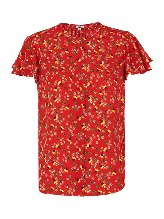 WHISTLES Ladies Red Multi Short Frilled Sleeve Peony Floral Top UK6 RRP99 BNWT