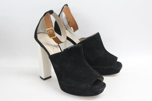 HOBBS Ladies Raven Shoes Black Ivorry Tan Suede Mix Peep Toe Heels UK7.5 NEW
