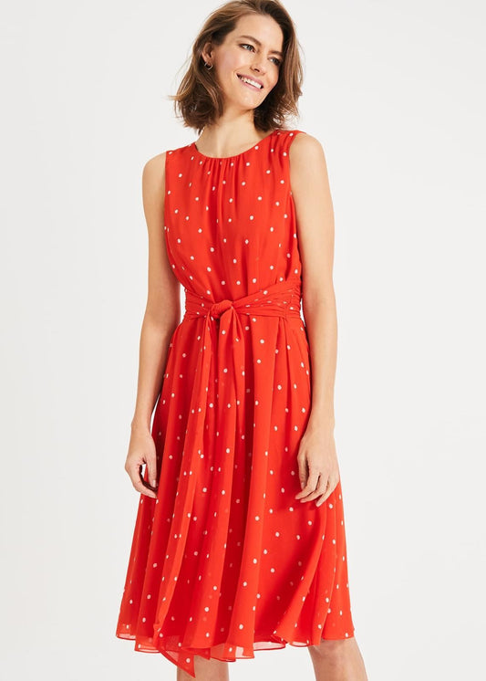 Phase Eight Fernanda Spot Fit & Flare Dress Vermillion/Ivory Size UK16 RRP130